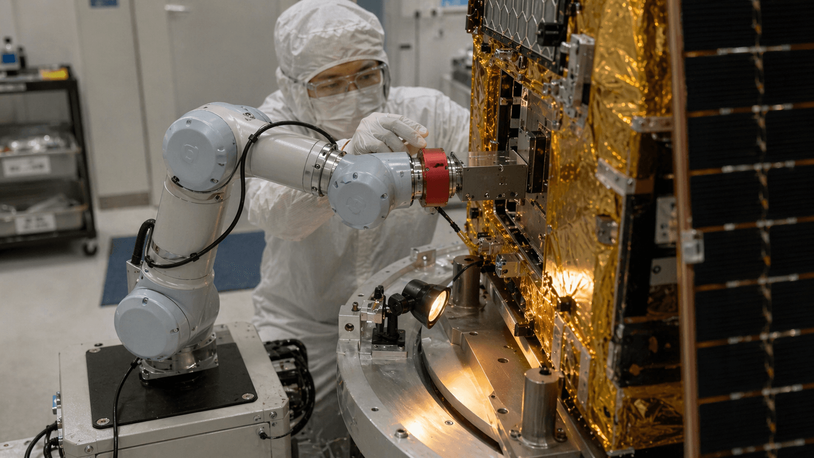 Engineer in cleanroom bunny suit guiding a small 6-DOF arm with AXIOM wrist sensor into a connector bay on a satellite bus during force-monitored integration