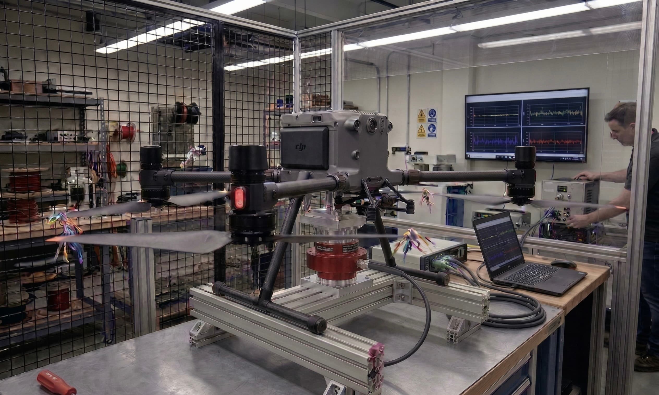 Drone thrust test rig with AXIOM force-torque sensor and live data monitoring