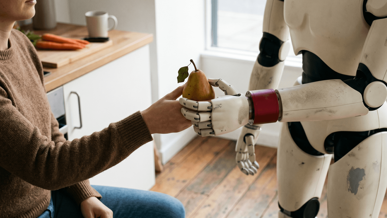Humanoid robot receiving a pear from a seated person in a home-like test cell, AXIOM sensor at the wrist closing a force feedback loop during the handover