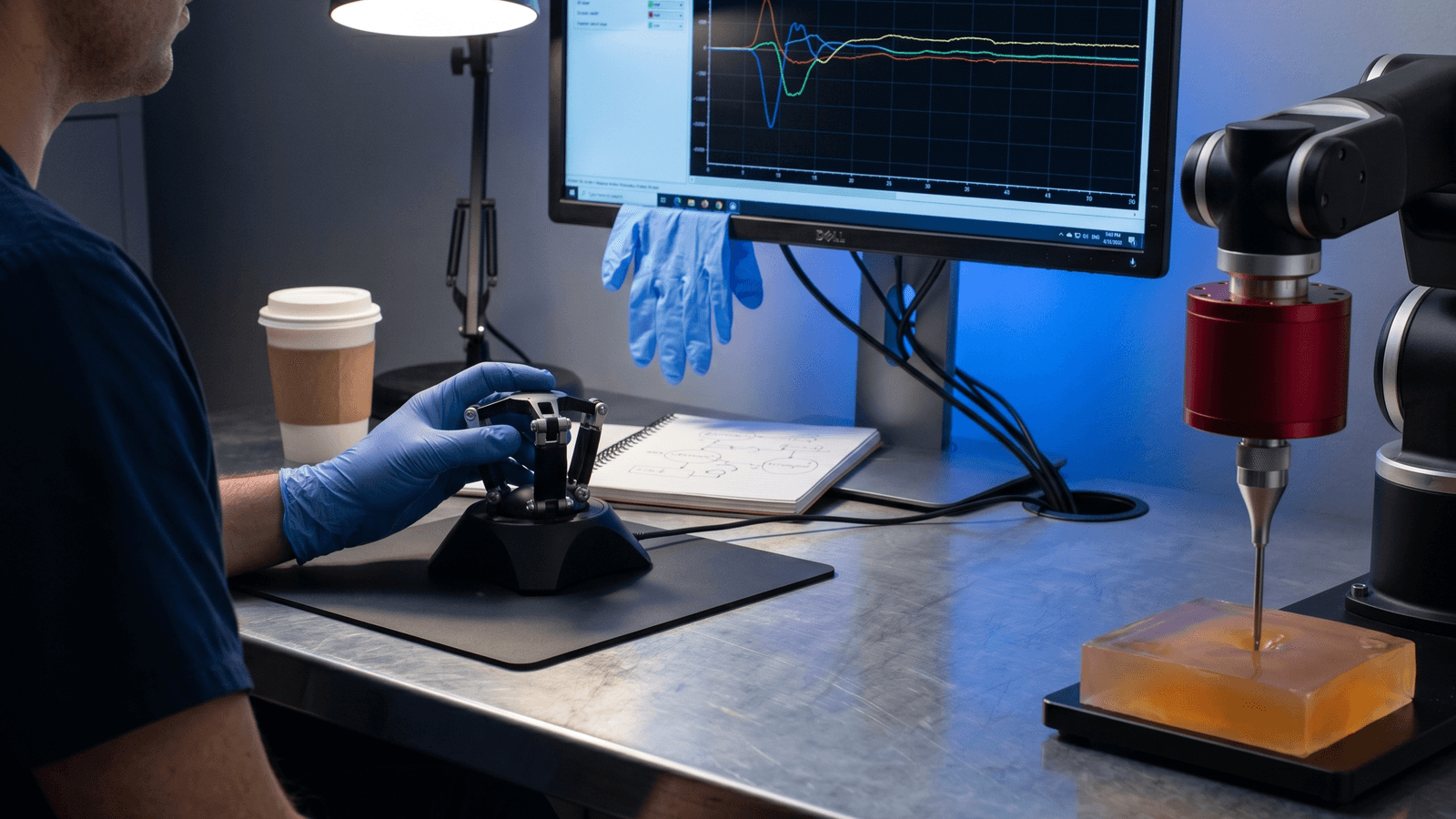 Researcher teleoperating a benchtop surgical manipulator via a parallel-link haptic console, AXIOM sensor at the slave arm wrist feeding a live force trace shown on the monitor