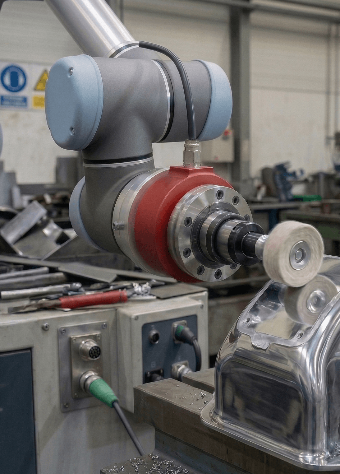Robot arm with AXIOM sensor polishing metal surface