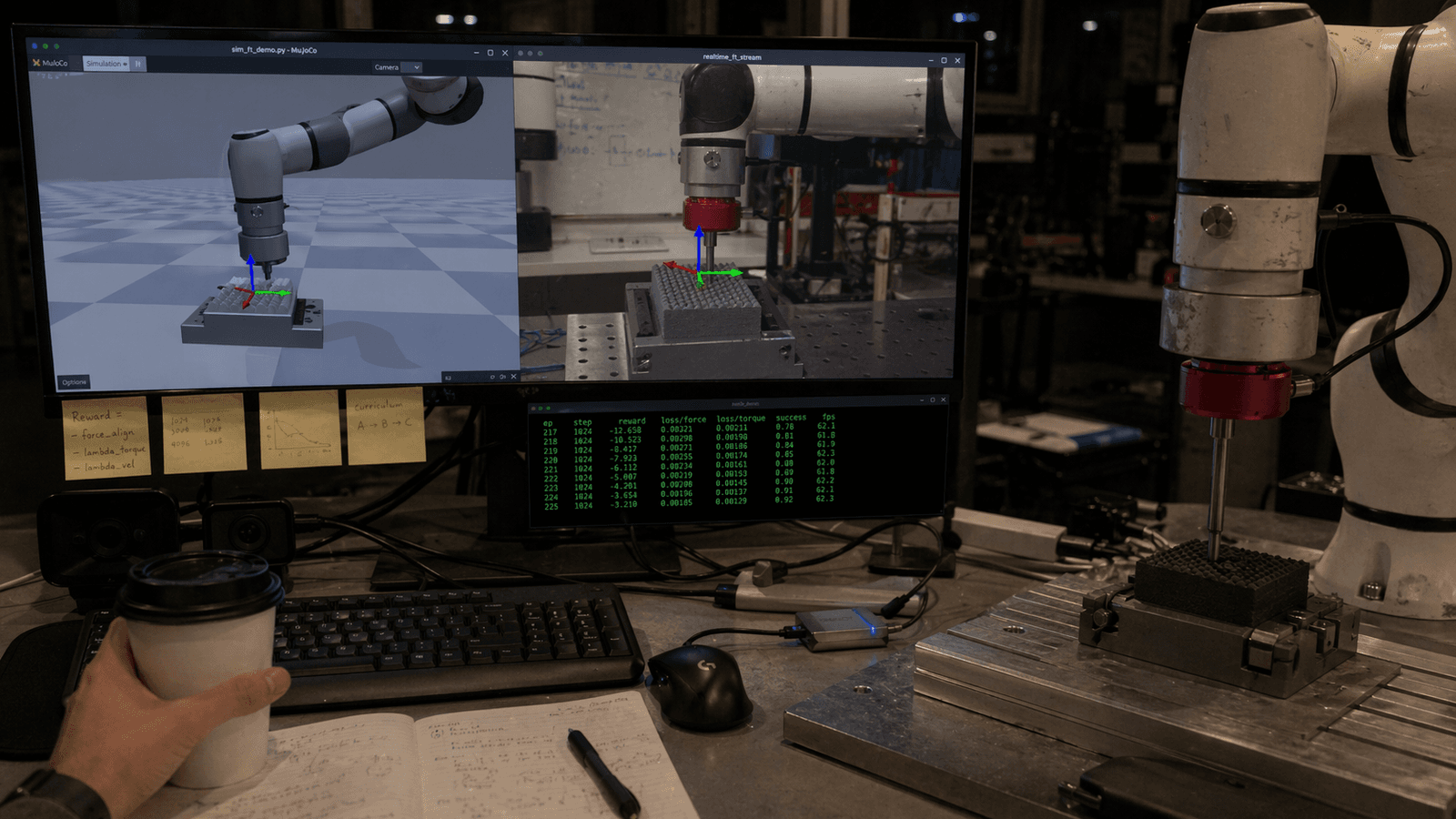 Ultrawide lab monitor showing a simulated robot arm next to a live camera feed of the same AXIOM-equipped arm, terminal streaming training metrics below, mid-training run at a PhD workstation